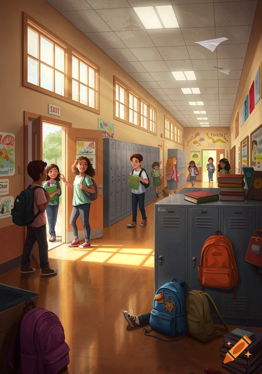 An illustrated school hallway with students walking, lockers lining the walls, and sunlight streaming through windows.