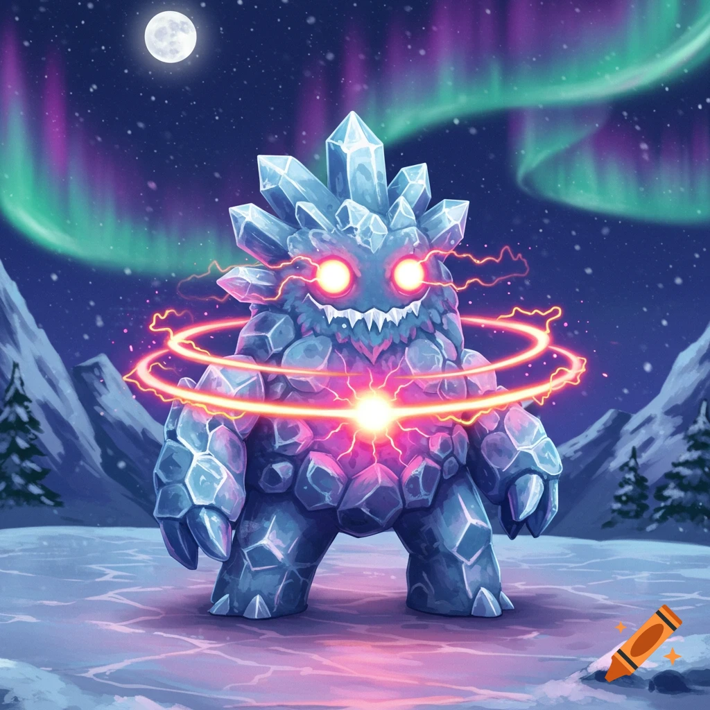 A blue ice monster with glowing red eyes and a pink energy field stands on frozen ground under a full moon and aurora borealis.