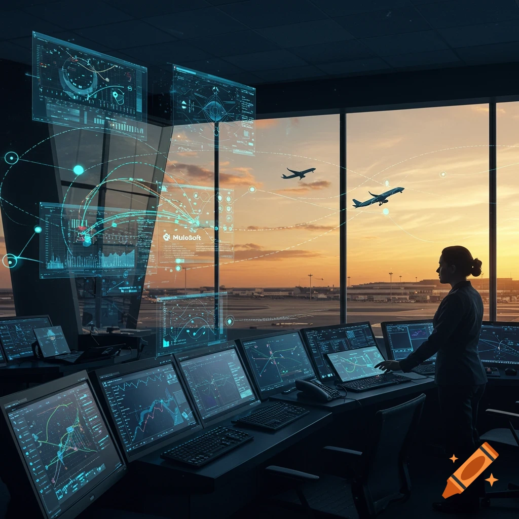 A control room with a person at monitors, looking out at an airport at sunset with airplanes and holographic data displays.