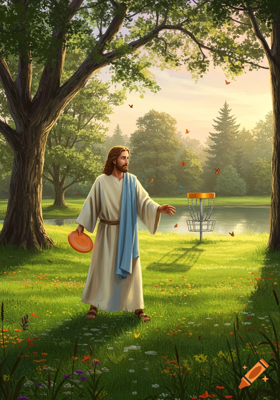 Jesus in a white robe and blue sash holds a disc golf frisbee, standing in a lush, sunny park with a basket, trees, and a lake.