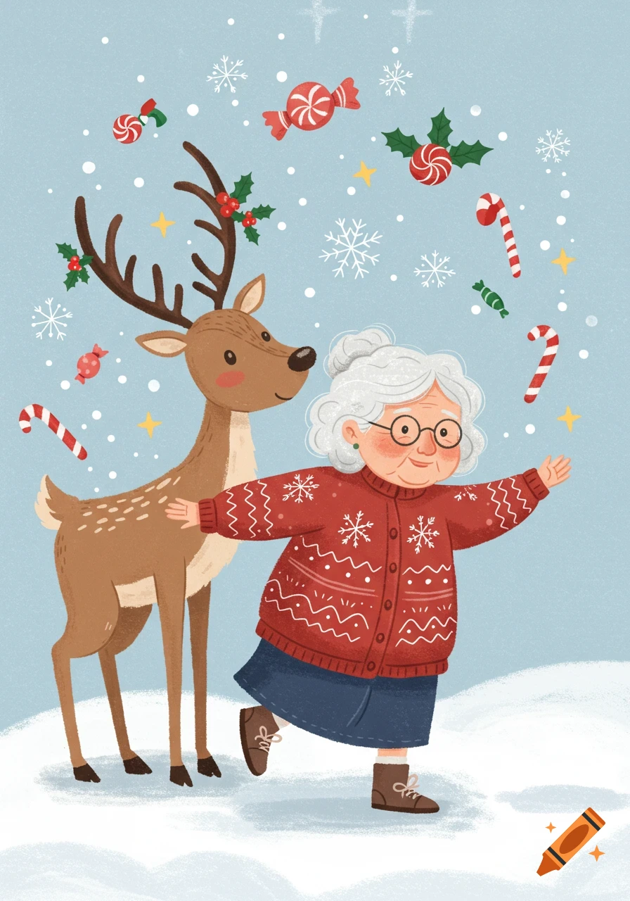 A cheerful grandma and a reindeer in a snowy Christmas scene with candy and snowflakes, in a pastel illustration style.