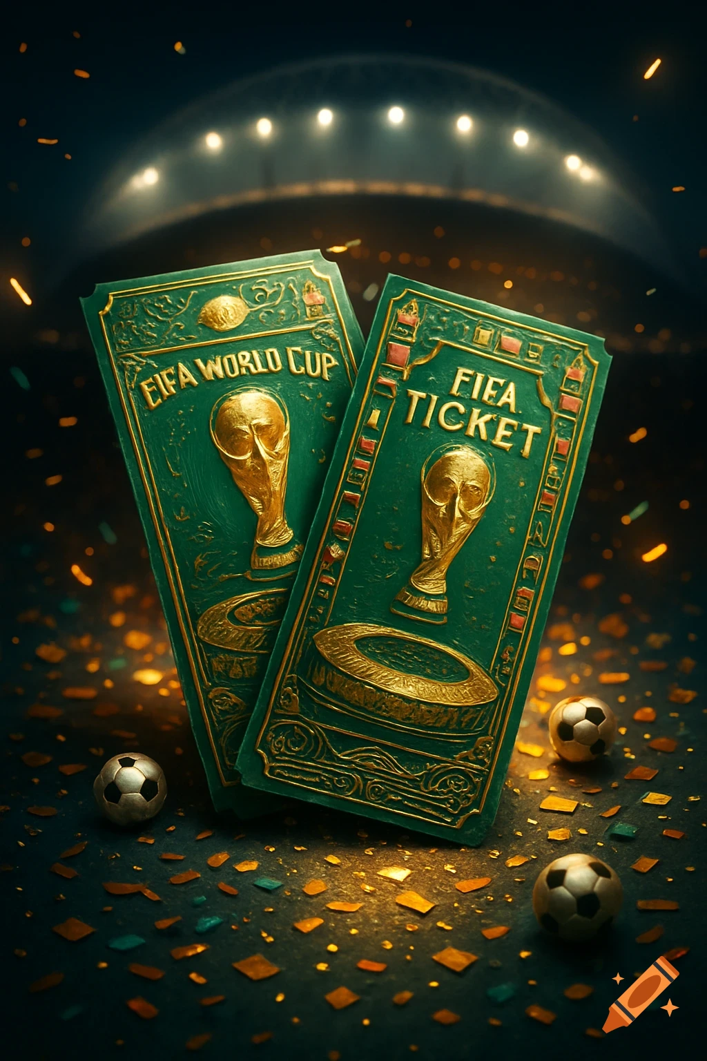 Two ornate green and gold FIFA World Cup tickets, with the trophy and a stadium, surrounded by confetti and soccer balls under stadium lights.