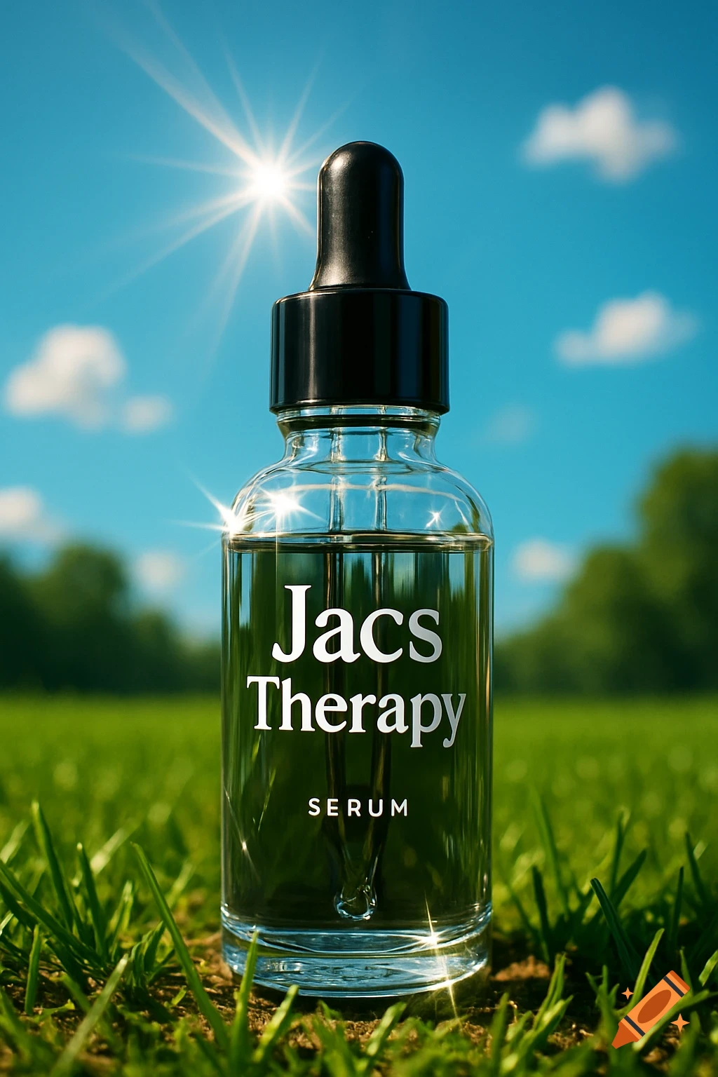 Photorealistic close-up of a 'Jacs Therapy SERUM' bottle with a black dropper cap, sitting on green grass under a bright sunny blue sky.