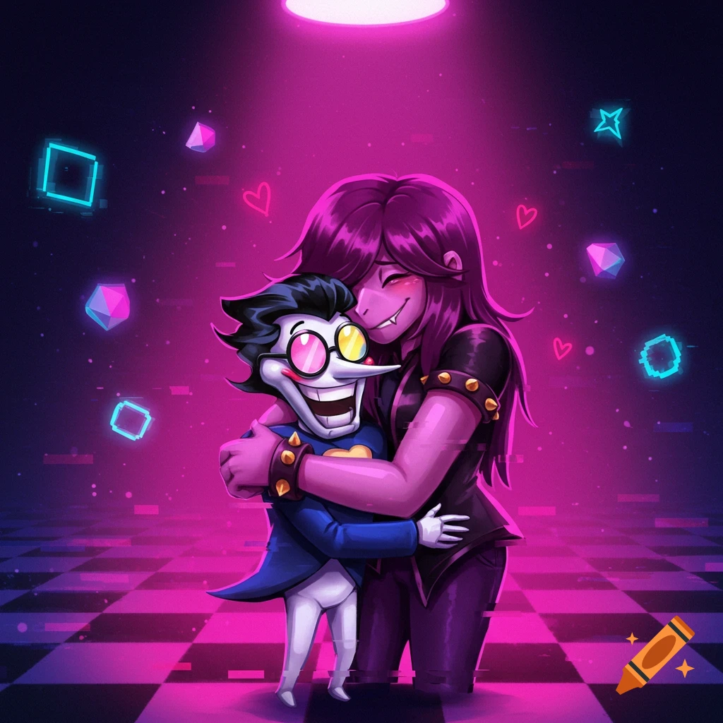 Digital art illustration of Susie and Spamton from Deltarune hugging in a vibrant pink and purple setting with glowing shapes.