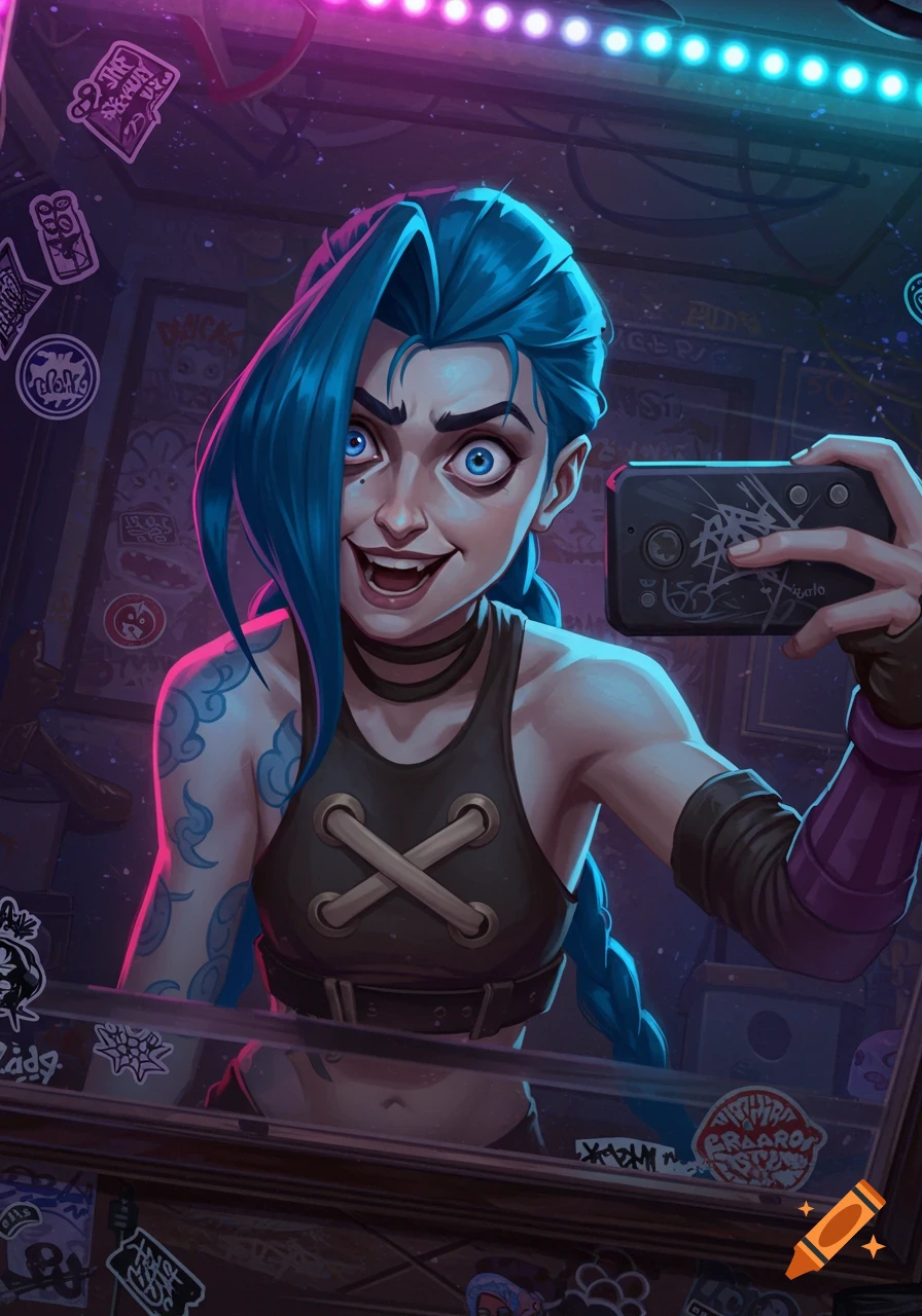 Jinx from Arcane takes a selfie in a mirror, showing her wild blue hair and crazy grin in a neon-lit, graffiti-covered room.