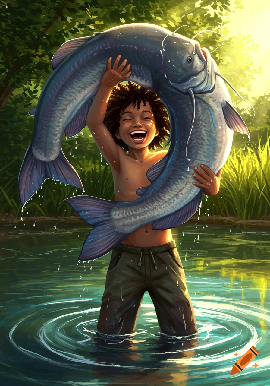 A smiling boy with curly black hair holds a huge catfish above his head while standing in water with lush greenery.