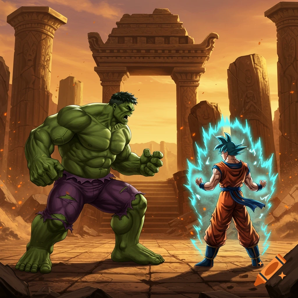 Hulk and Goku, powered up, face off in an arena of ancient ruins under an orange sky in a comic book style.