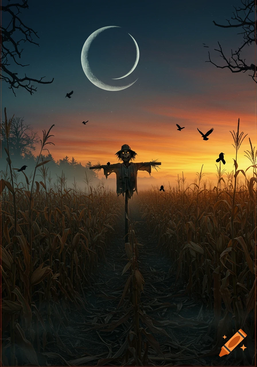 Eerie scarecrow with glowing eyes in a cornfield at dusk, under a crescent moon with crows flying.
