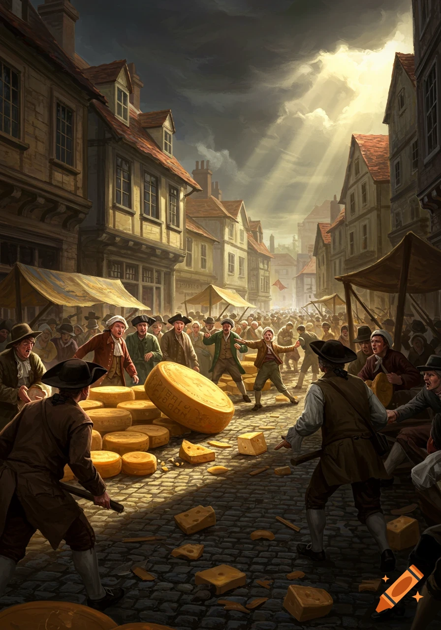 Dramatic painting of a historical street market with people reacting to a large cheese wheel rolling and other cheeses spilled on cobblestones under a stormy sky.