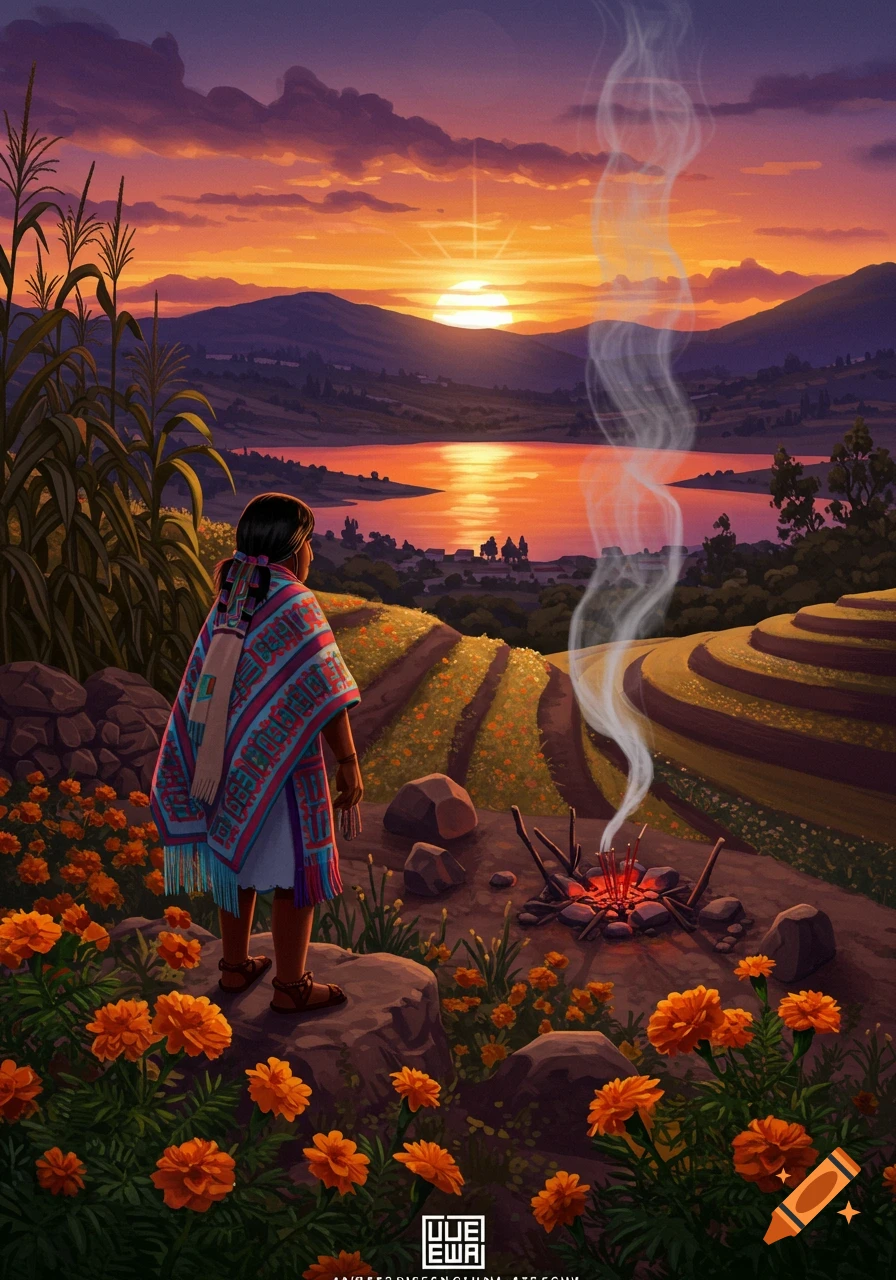 A person in traditional clothing stands by a bonfire, overlooking a beautiful lake and mountain landscape at sunset, with fields of flowers.