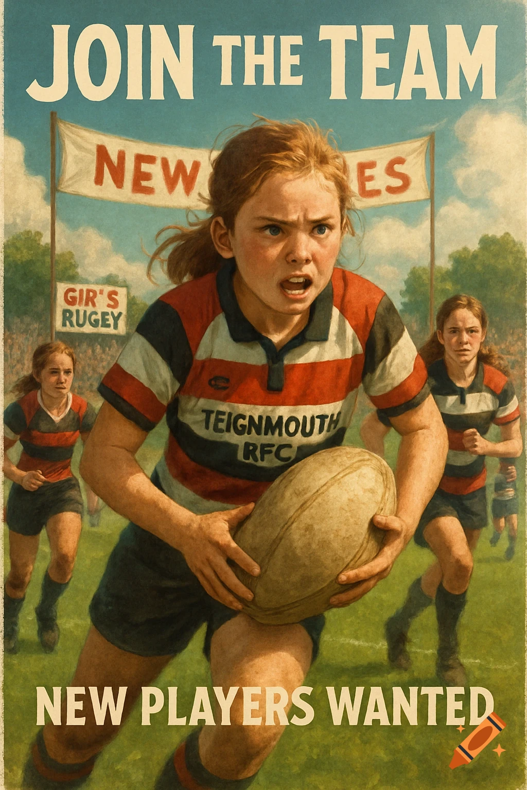 A vintage-style recruitment poster depicts a determined young girl in a striped rugby shirt holding a ball, running forward on a field with other players. Text reads 'JOIN THE TEAM' and 'NEW PLAYERS WANTED'.