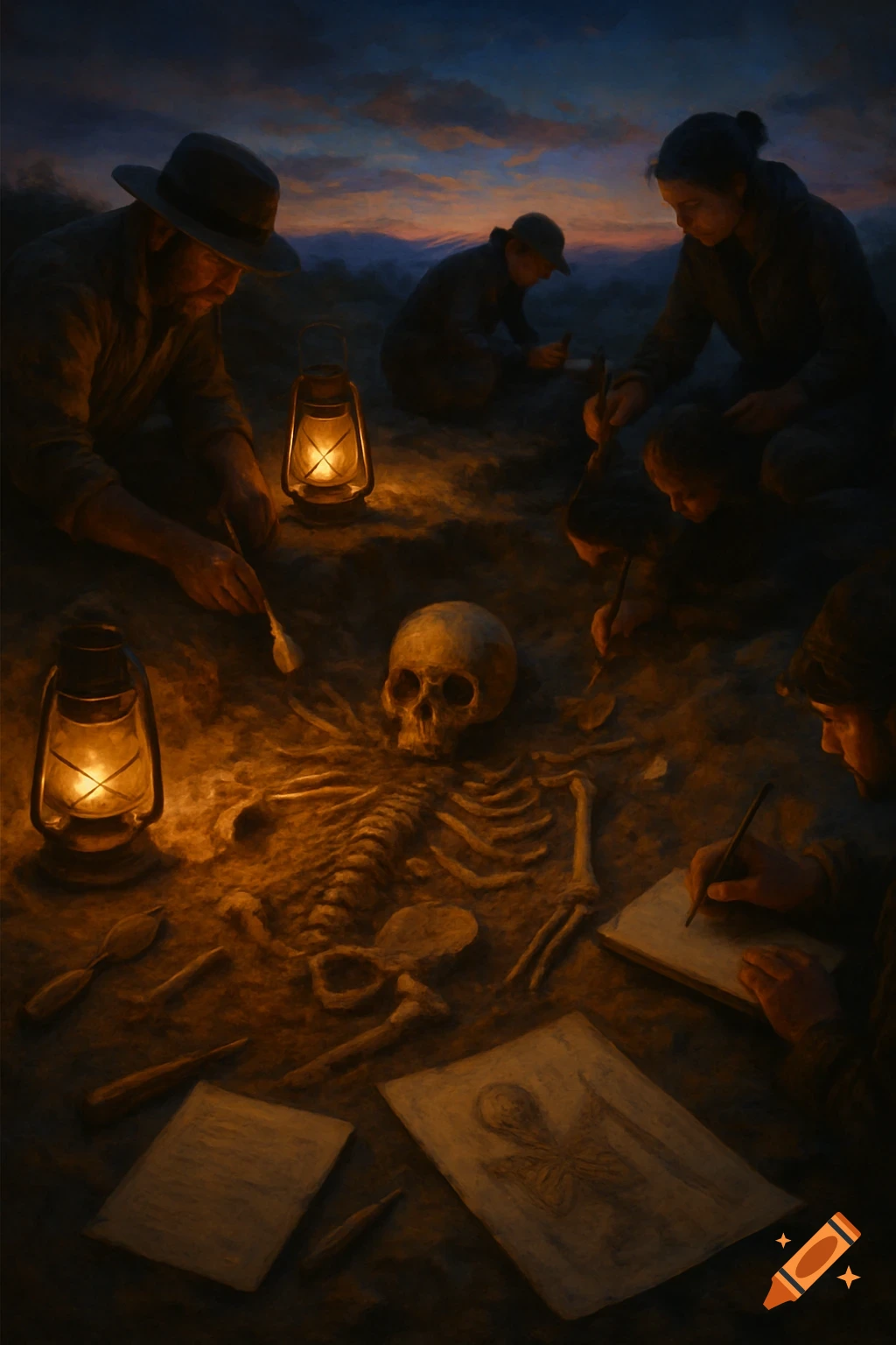 A group of archaeologists carefully excavates a human skeleton by the light of lanterns at dusk, with one drawing on paper. Painterly style.