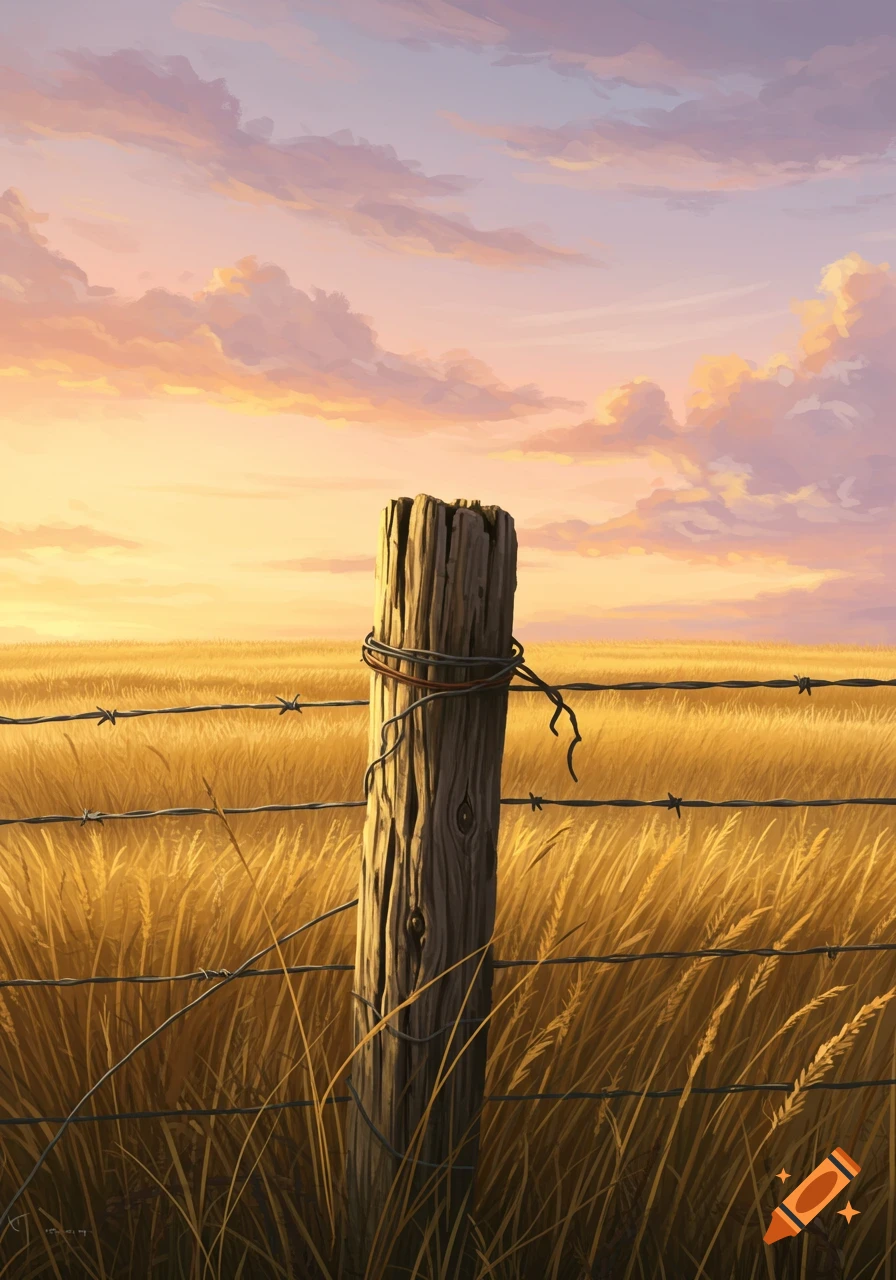 Digital painting of an old wooden fence post with barbed wire in a golden wheat field at sunset under a cloudy sky.