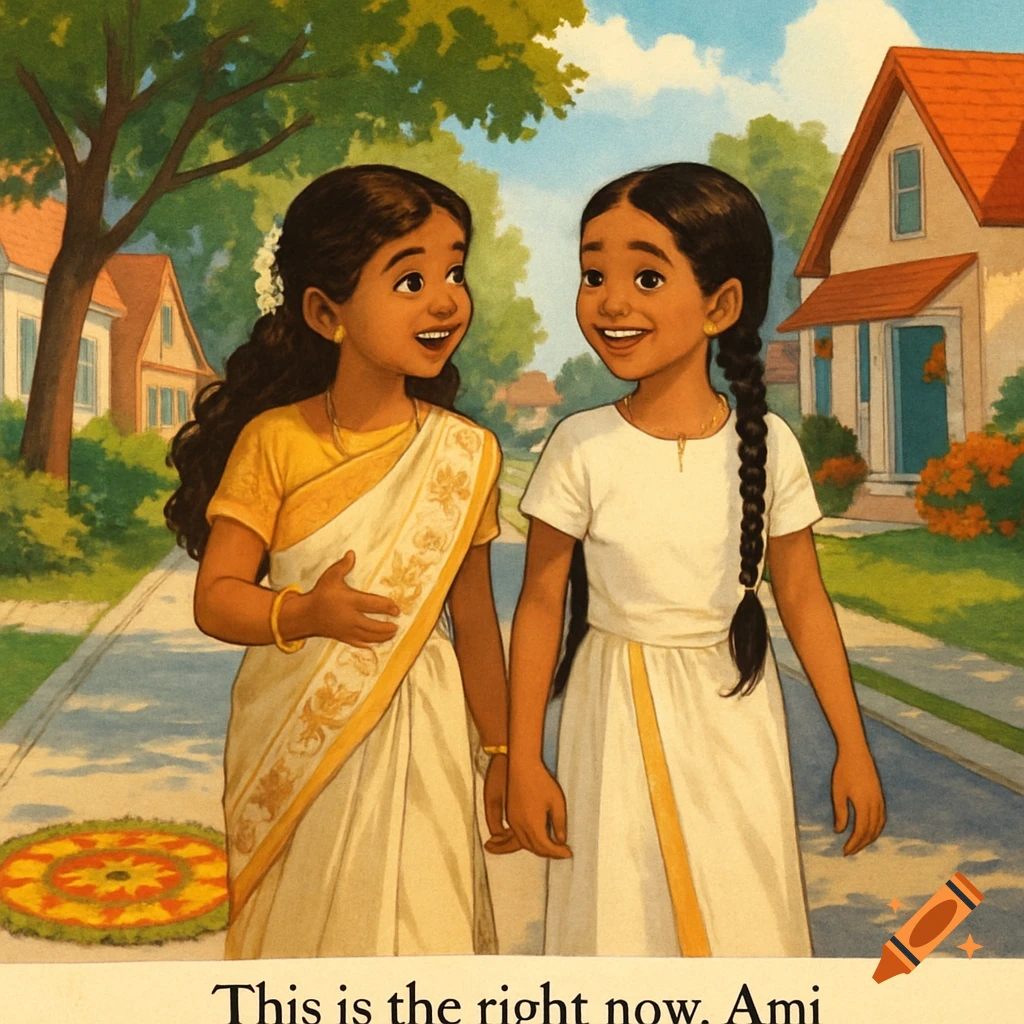 Two young Indian girls in traditional attire walk on a sidewalk in a cartoon style illustration.