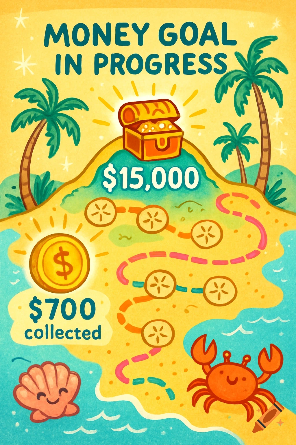 A cartoon money goal chart on a treasure island. A path leads to a treasure chest with a goal of $15,000. A coin shows $700 collected.