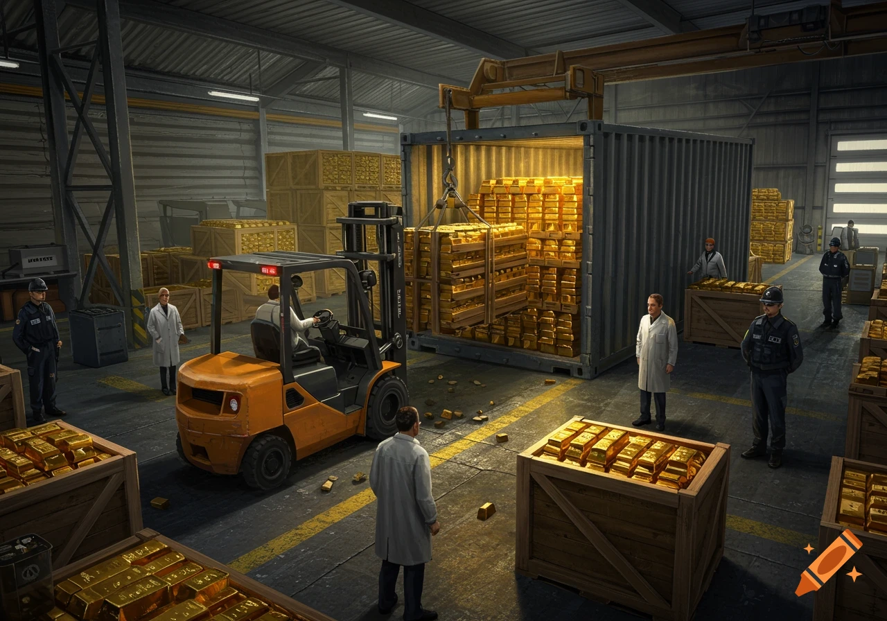 A photorealistic image of a warehouse with a forklift loading crates of gold bars into a container, supervised by workers and security.
