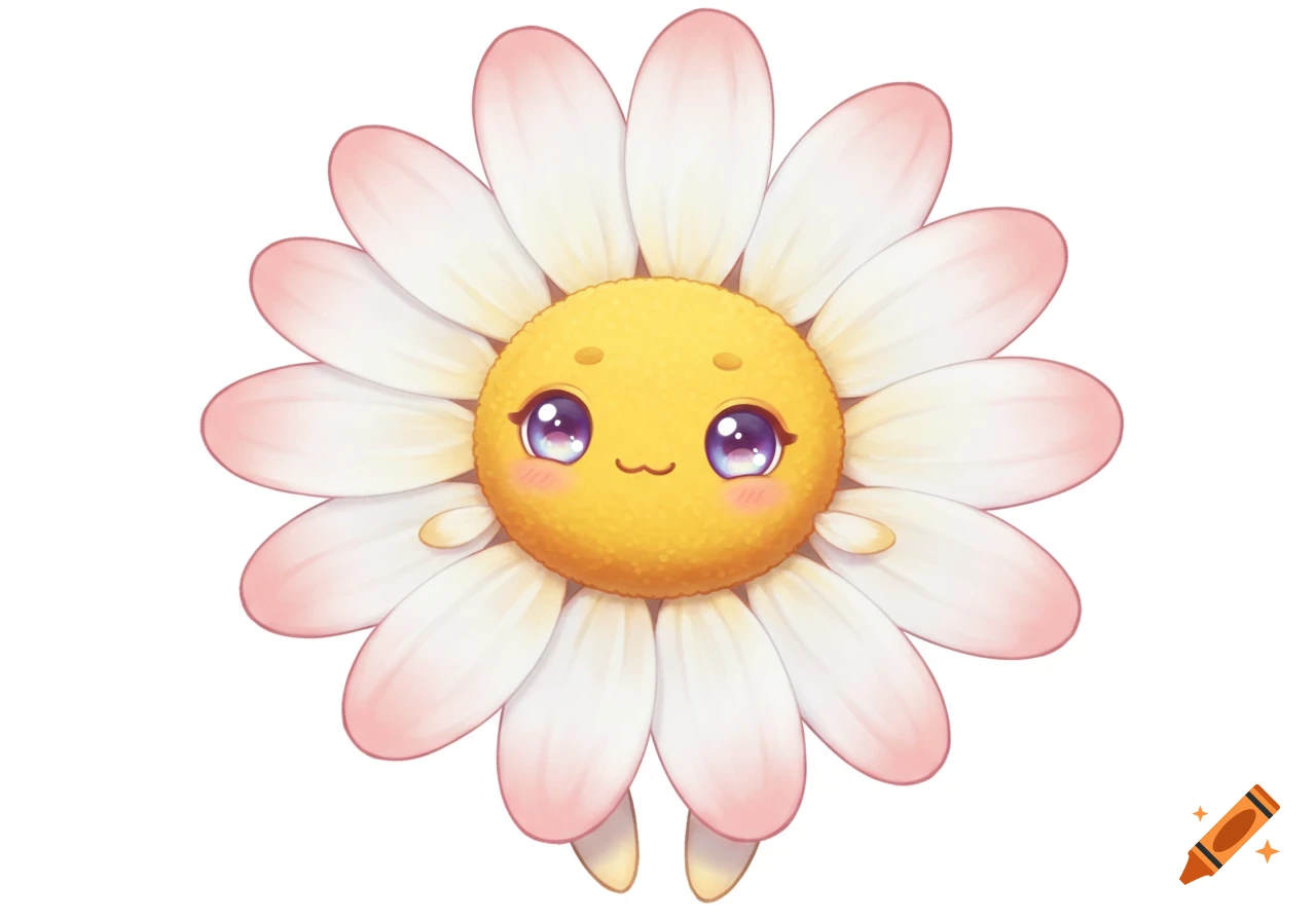 A super cute, cartoon-style daisy flower creature with big sparkling eyes, a smiling mouth, and soft pastel petals on a white background.