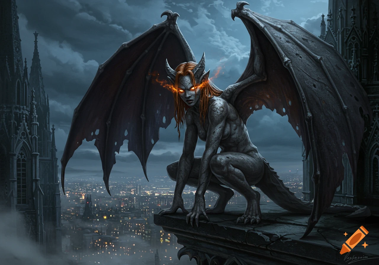 A winged, horned gargoyle woman with glowing eyes crouches on a gothic rooftop overlooking a dark city at night.