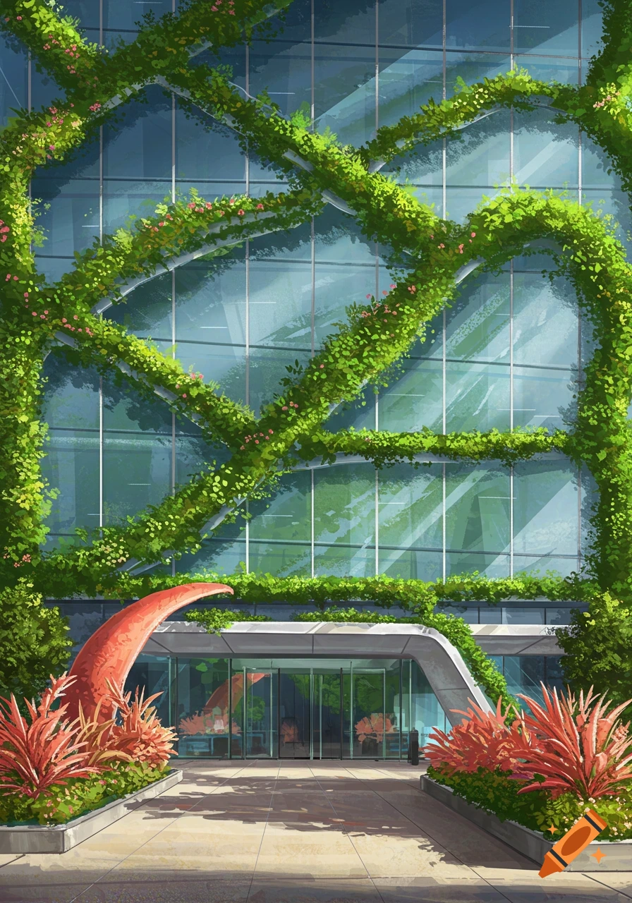 Stylized illustration of a modern glass office building facade covered in lush green vines and plants, with an entrance featuring red foliage.