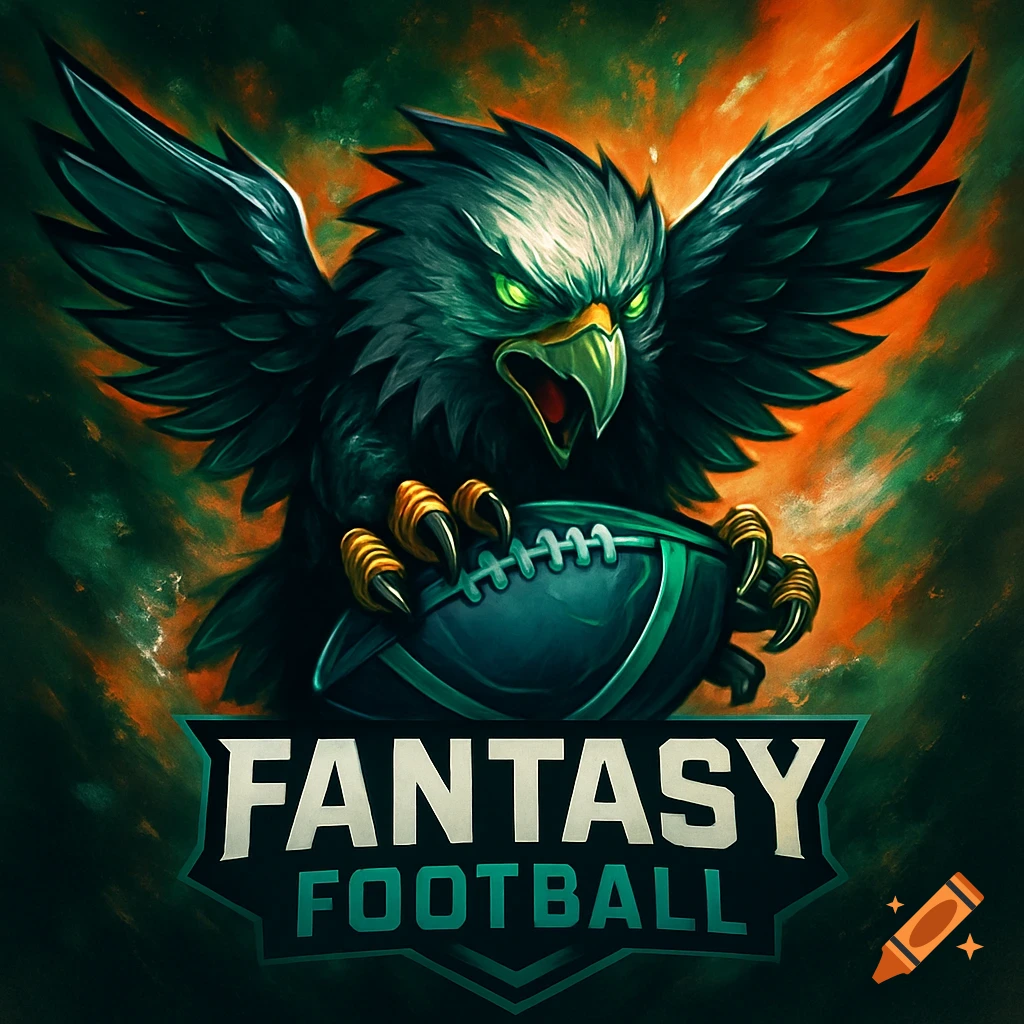 A fierce dark green eagle with glowing eyes holds a football, a digital art logo with 'FANTASY FOOTBALL' text.