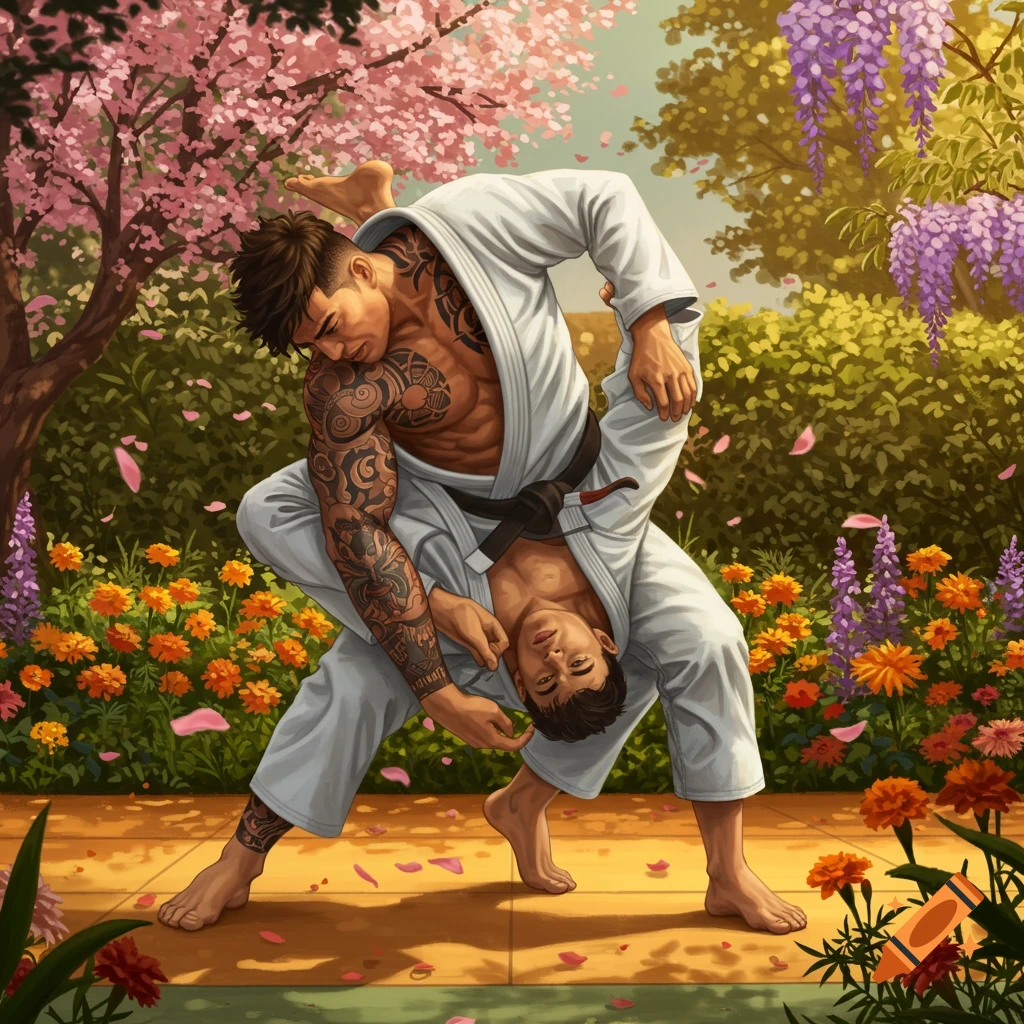 Illustrated scene of two men in white jiu-jitsu gis grappling in a vibrant flower garden with cherry blossoms and wisteria.