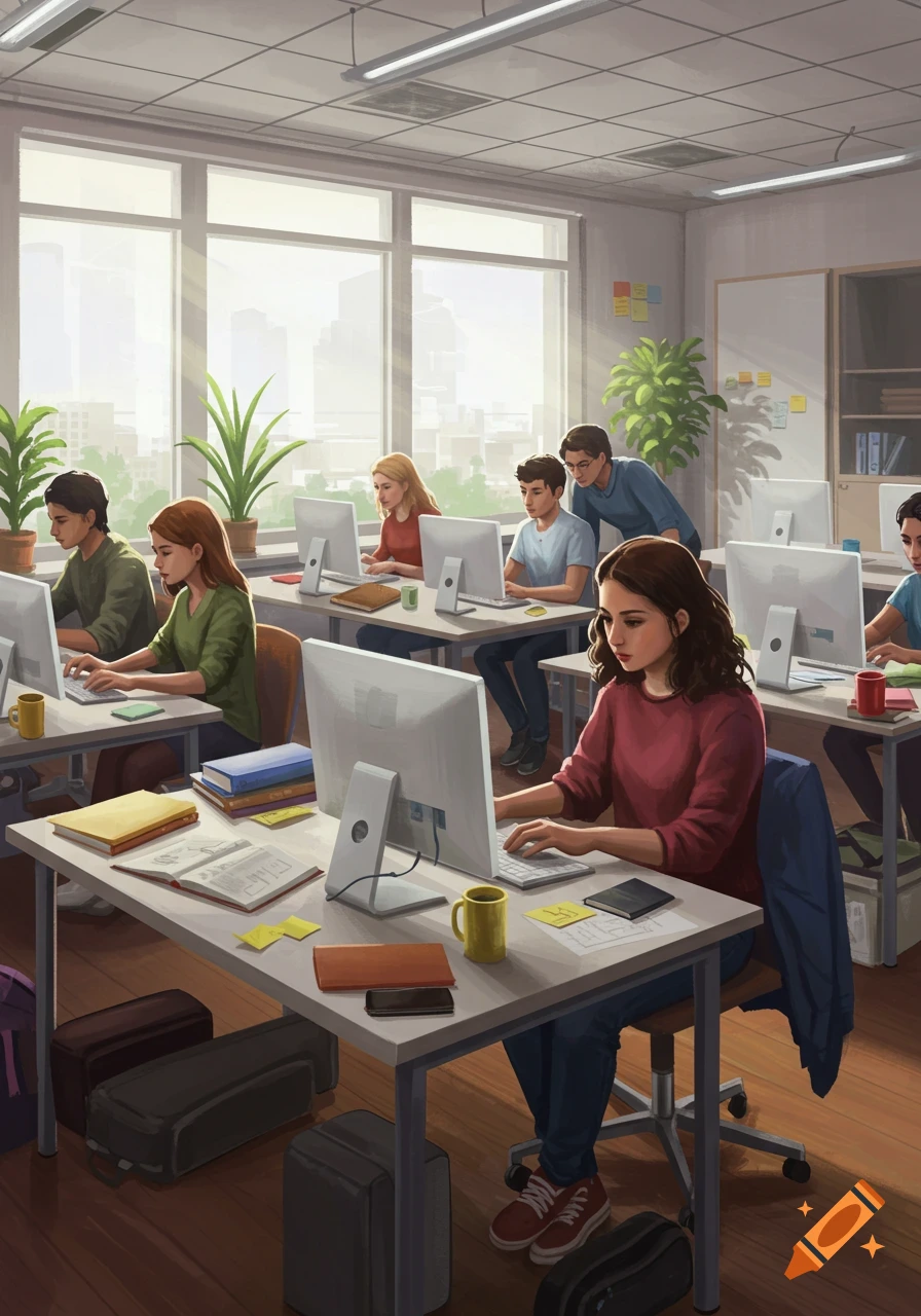 Students work on computers in a brightly lit classroom with large windows.