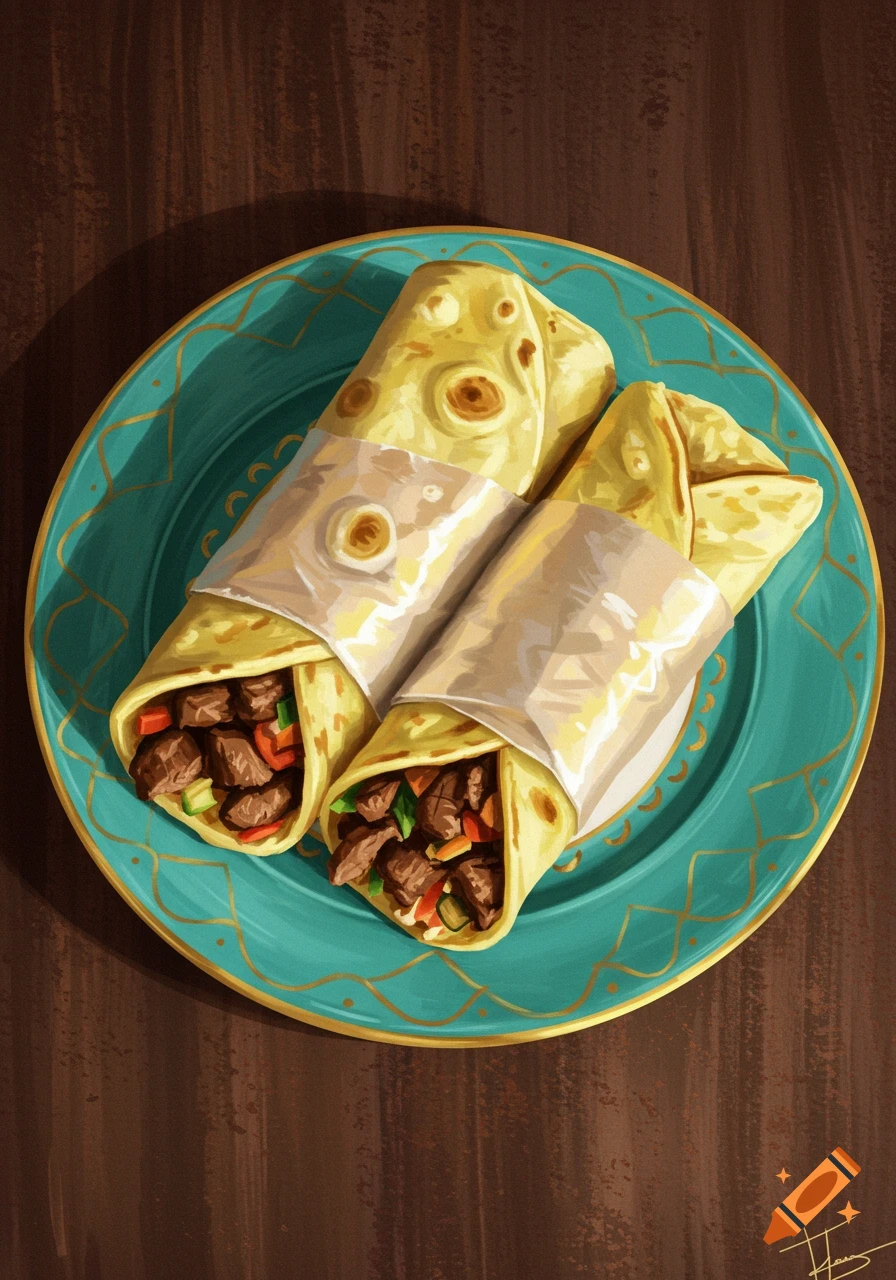 Digital illustration of two beef shawarma wraps on a decorative turquoise plate on a wooden table.