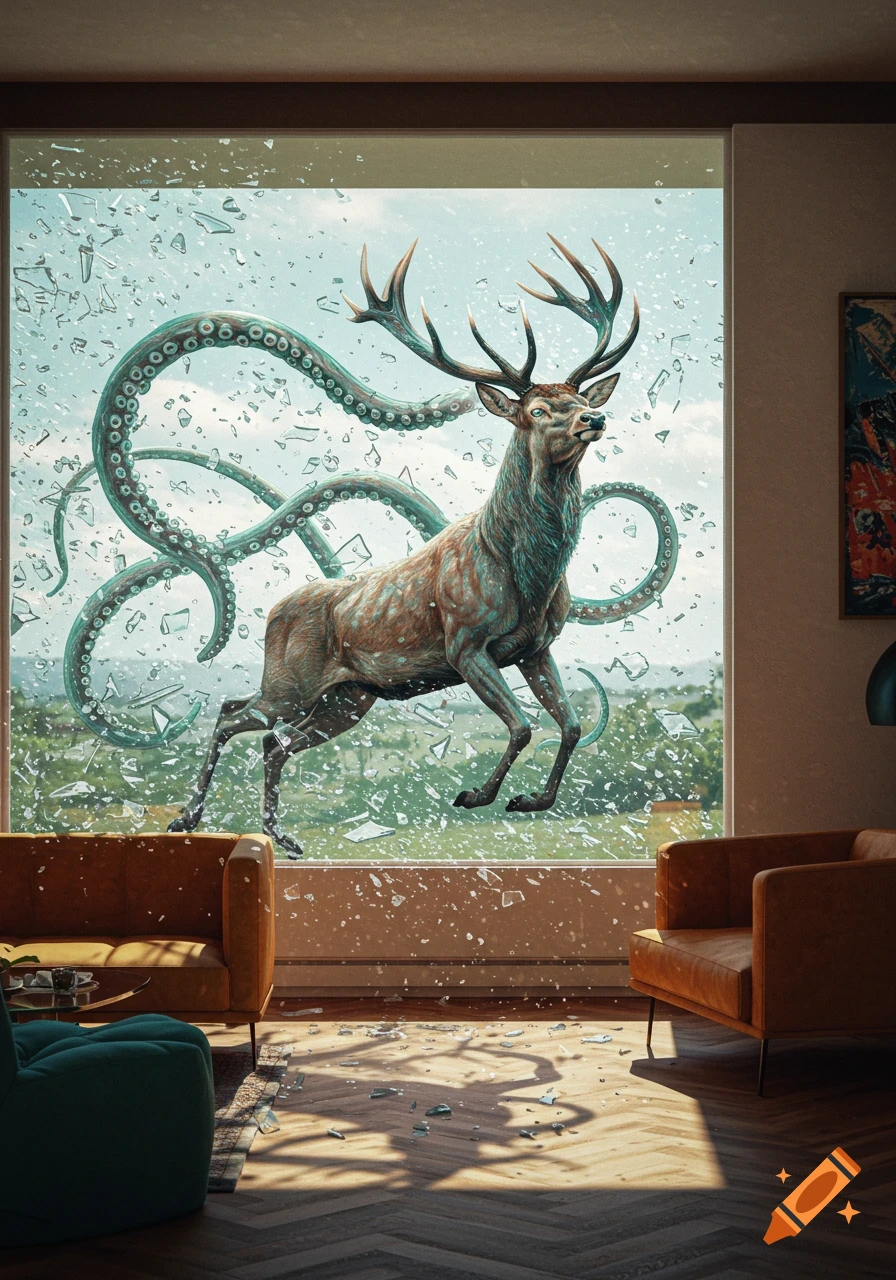 A fantastical deer with tentacles crashes through a living room window, scattering broken glass everywhere.