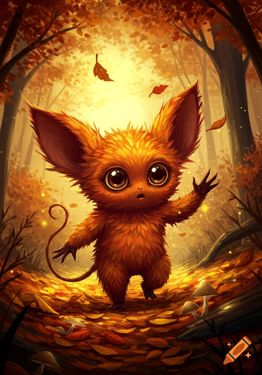 A cute, furry, orange creature with large eyes and ears stands in an autumn forest with falling leaves and mushrooms, digital art.