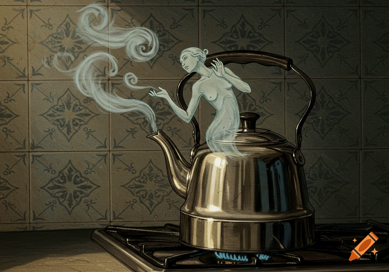 A vintage illustration of a translucent, ethereal woman rising like steam from a kettle boiling on a stovetop.