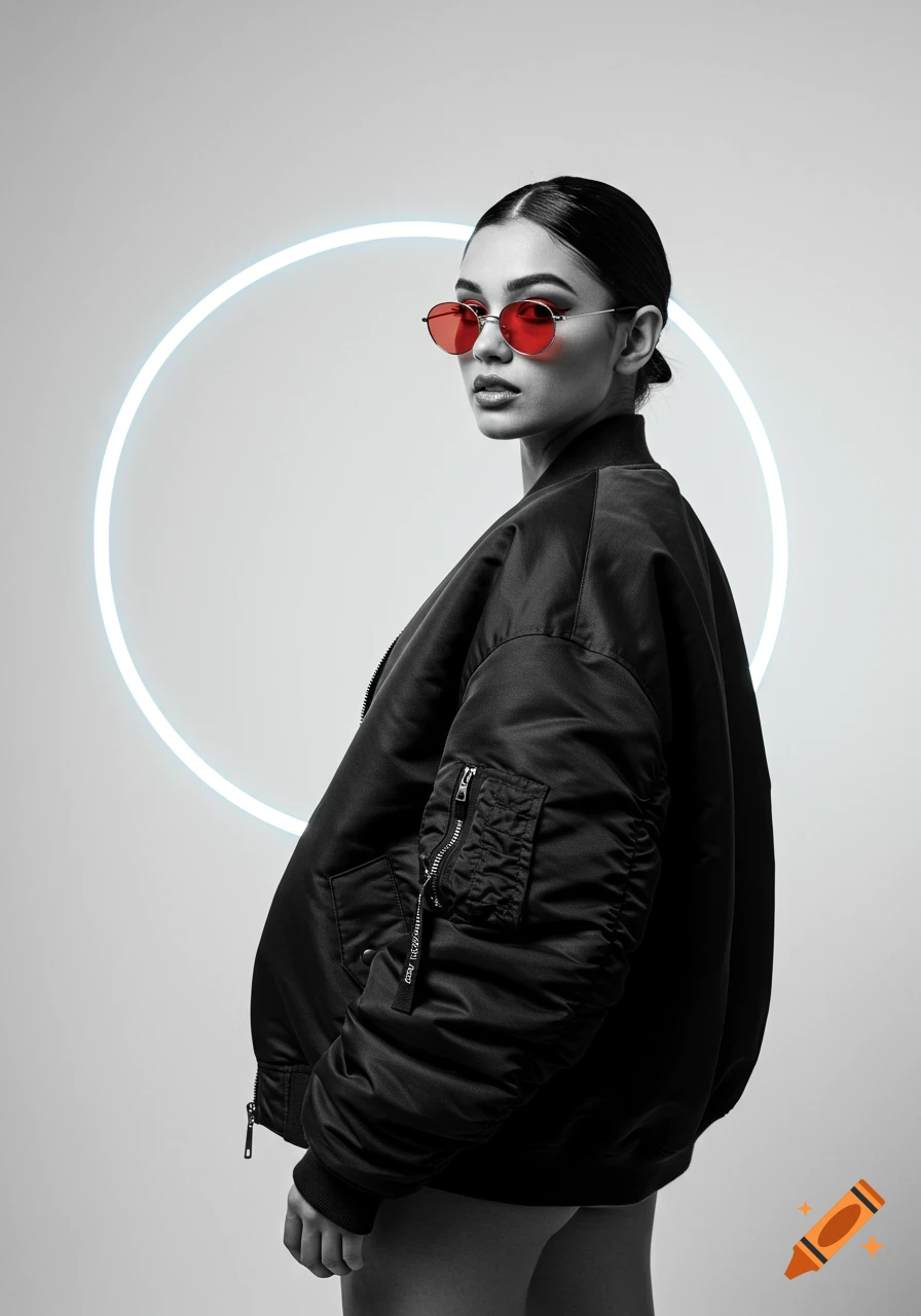 Black-and-white fashion portrait of a woman in an oversized bomber jacket and red sunglasses, with a glowing neon ring behind her.