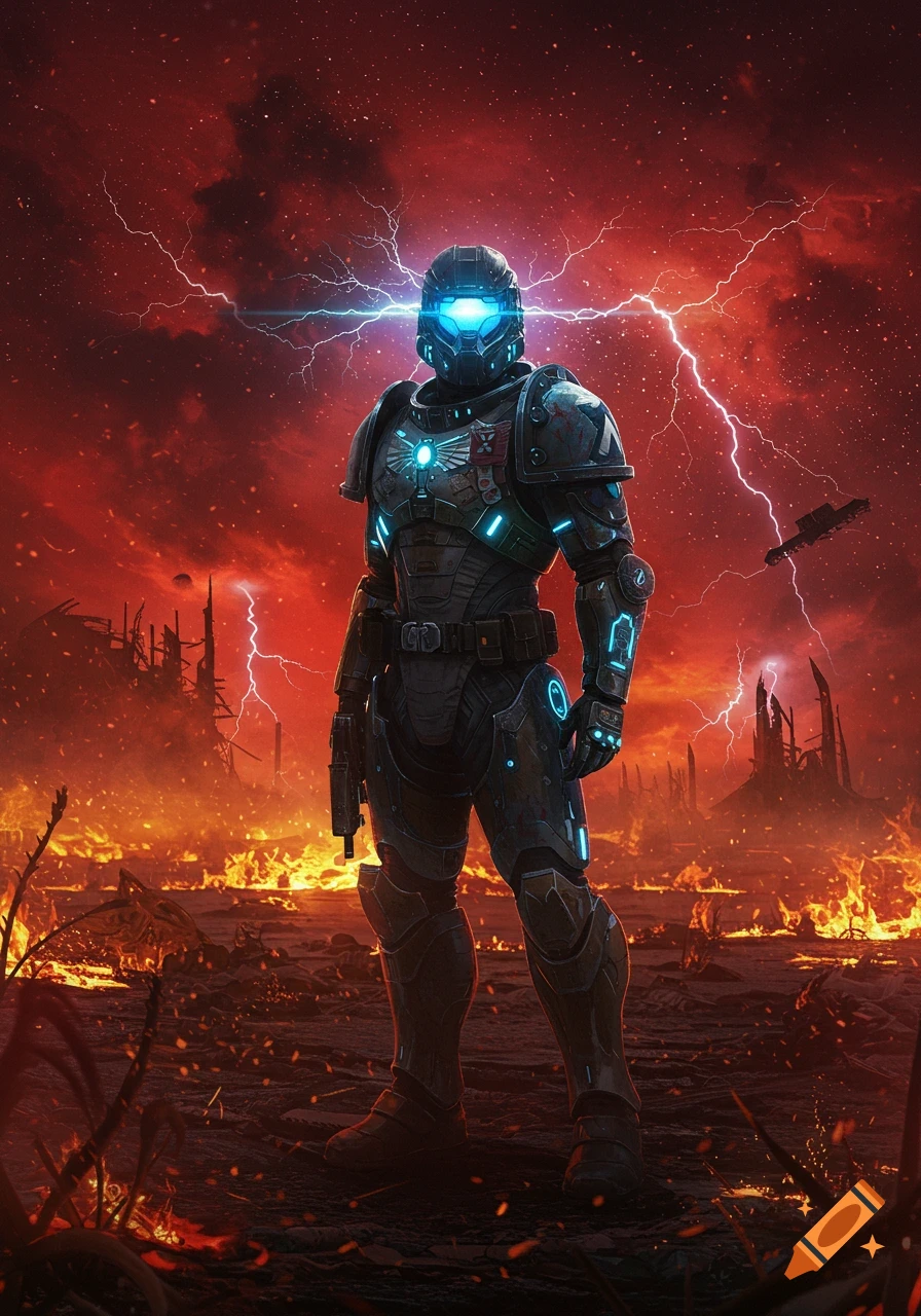 Heavily armored futuristic soldier glowing blue stands in a fiery, lightning-struck apocalyptic landscape.