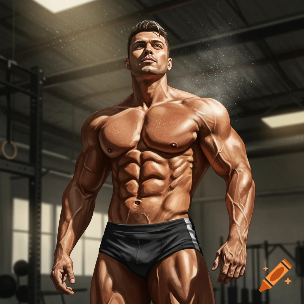 A muscular man in black shorts poses in a gym, lit by sunlight filtering through. He has prominent abs, chest, and arm muscles.
