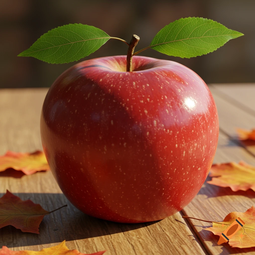 Photorealistic close-up of a vibrant red apple with green leaves on a wooden table with scattered autumn leaves.