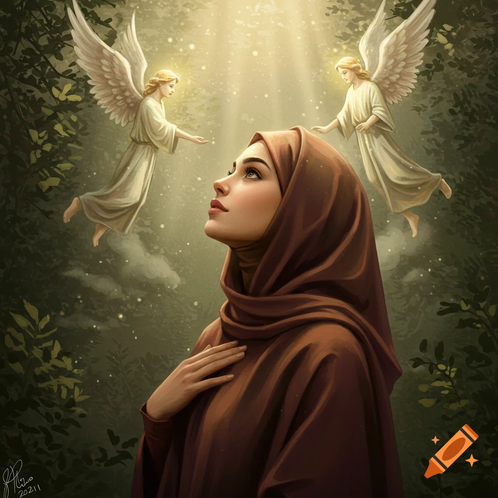 A woman in a hijab looks up in a forest, reaching towards divine light and two hovering angels.