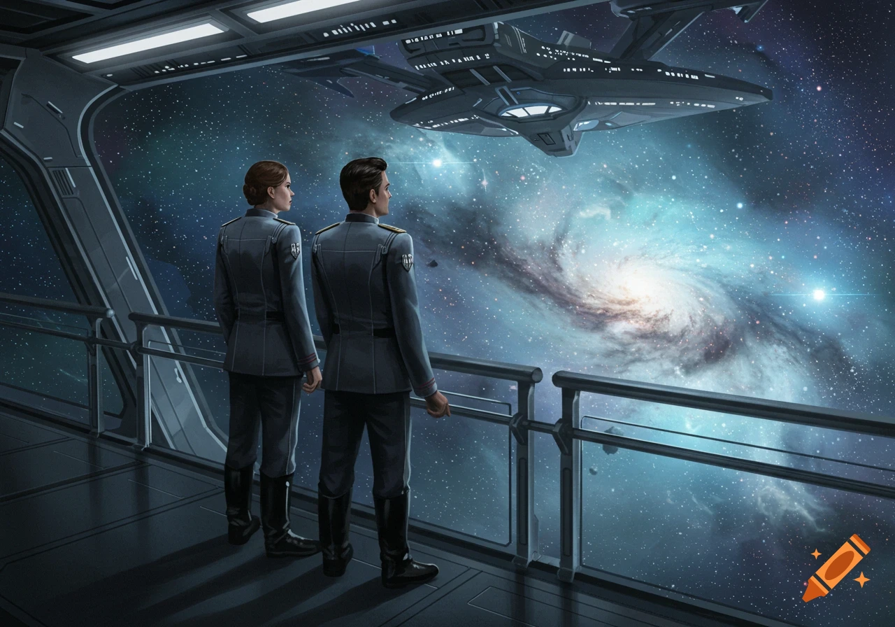 Two military officers in gray uniforms stand on a starship viewing platform, looking out at a swirling galaxy and a large spaceship.