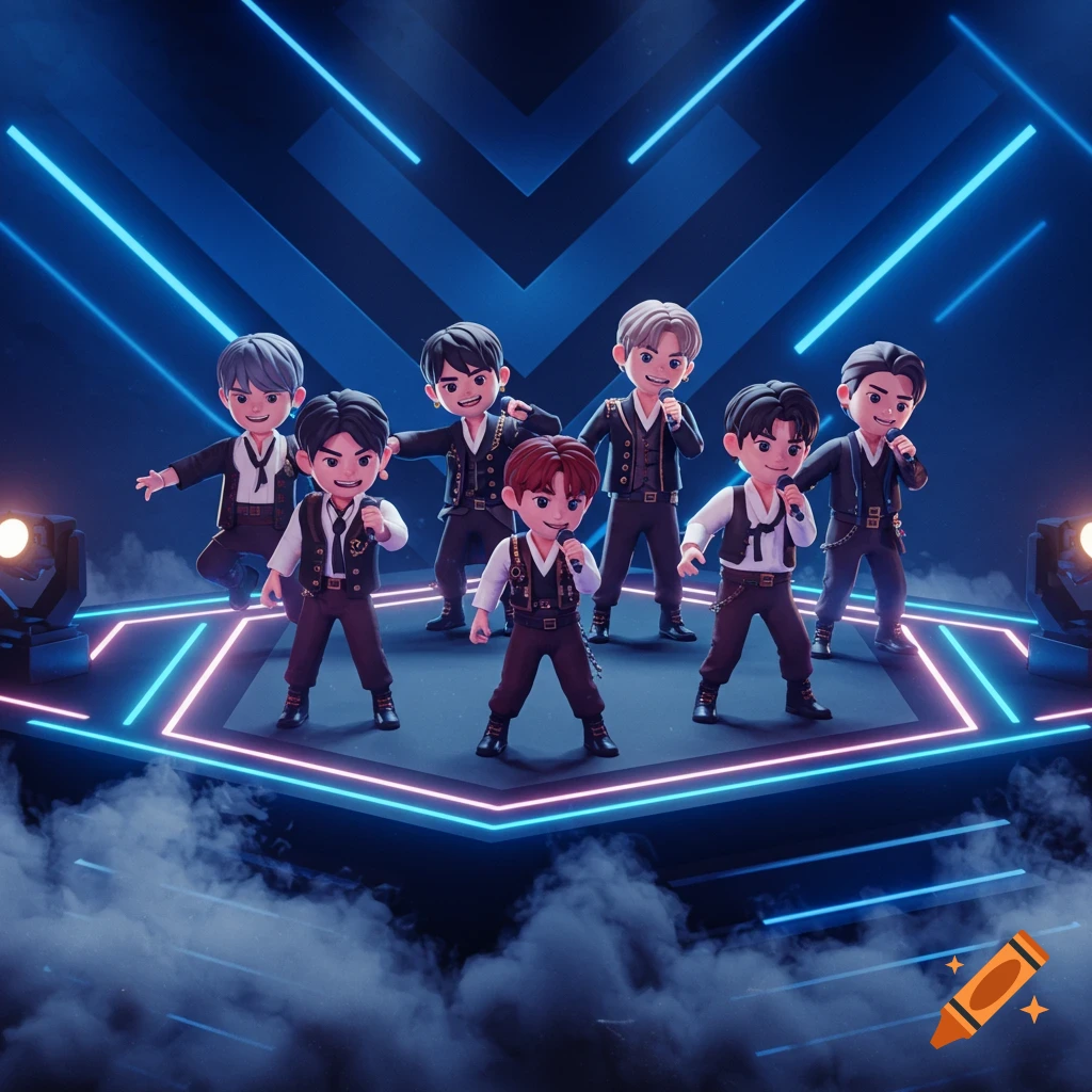 Seven chibi cartoon male K-pop characters in suits singing on a blue stage with neon lights and smoke, 3D style.