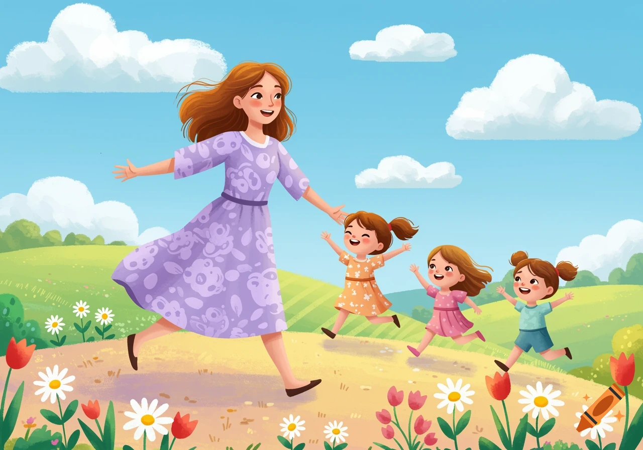 A cartoon illustration of a smiling mother running with her three happy children in a sunny green field with flowers.