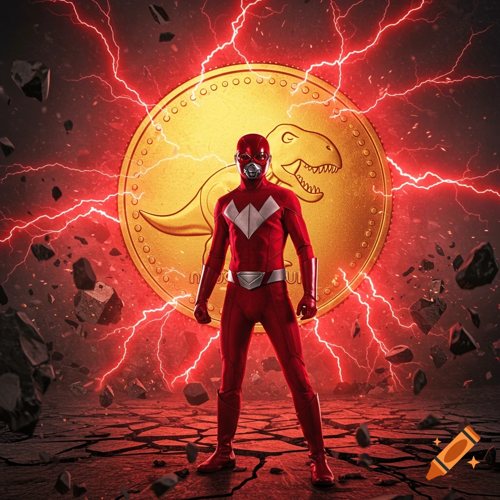 A red superhero in a spandex suit stands before a golden coin with a dinosaur, surrounded by red lightning and floating rocks.