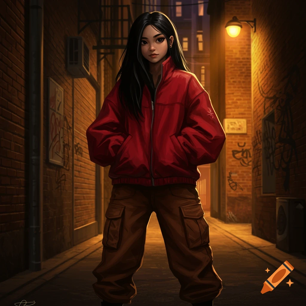 A stylized illustration of a black-haired girl in a red jacket and brown cargo pants standing in a dimly lit brick alleyway.