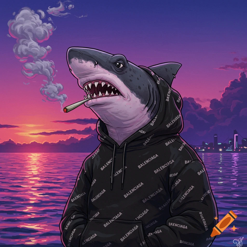 Cartoon shark wearing a Balenciaga hoodie, smoking, with a vibrant sunset over water and city lights in the background.