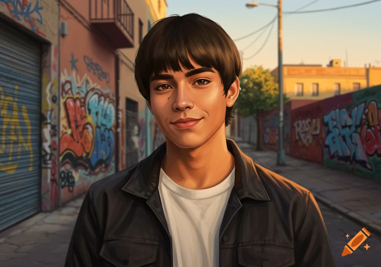 A smiling young man with a bowl cut and a jacket stands in front of a graffiti-covered wall, in an illustrative style.