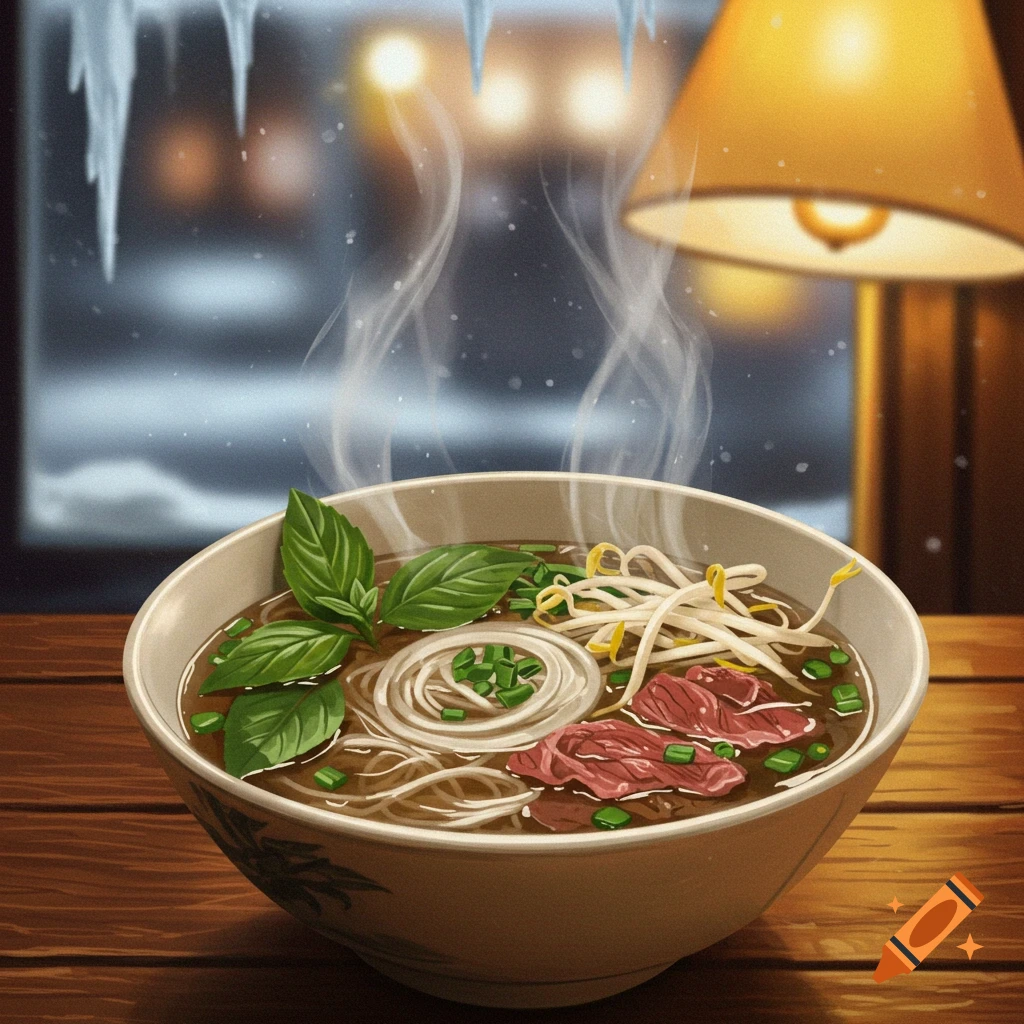 Steaming bowl of pho with basil and sprouts on a wooden table, a snowy window with icicles, and a warm lamp, digital illustration.