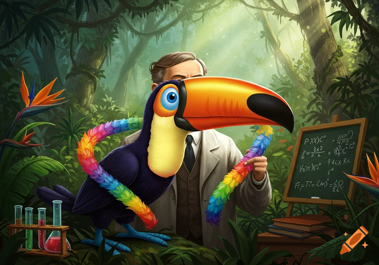 A colorful cartoon toucan with rainbow feathers stands in a jungle with a scientist holding a rainbow feather, beside a blackboard with garbled equations and chemistry flasks.