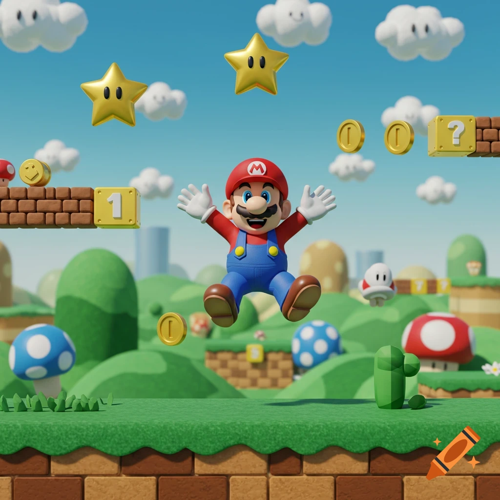 3D render of Mario jumping in a vibrant Super Mario Bros. landscape with coins, stars, and green hills under a blue sky.