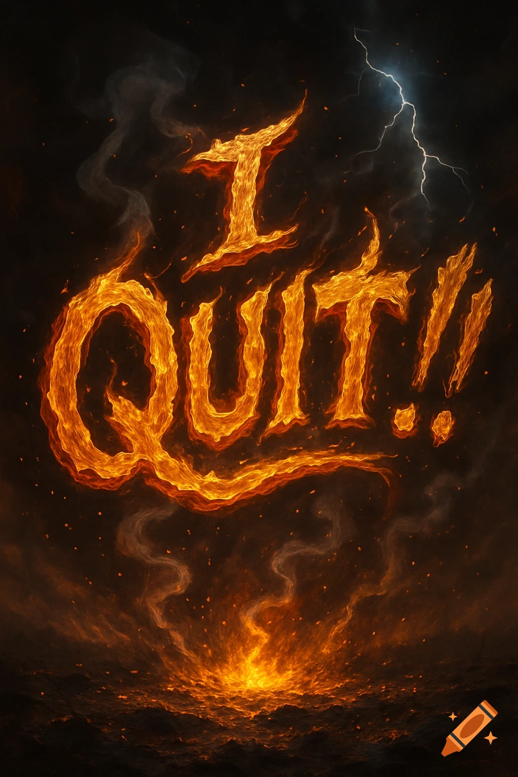 The words 'I QUIT!!' rendered in fiery letters against a dark, stormy, and fiery background with lightning.