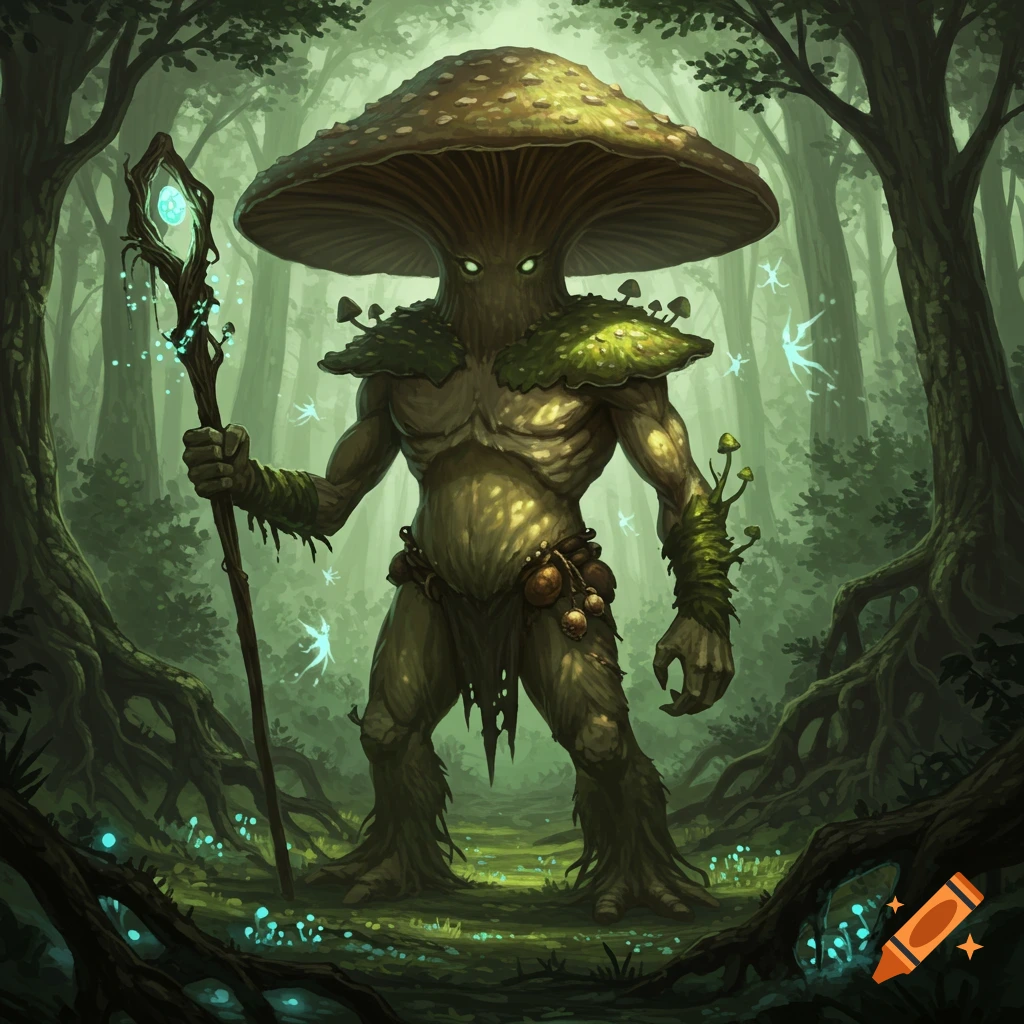 A detailed fantasy illustration of a mushroom giant wizard holding a glowing staff in an enchanted forest with glowing flora and fae.