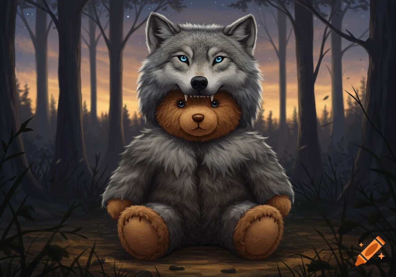 A teddy bear wearing a grey wolf costume with blue eyes sits in a dark forest at dusk.