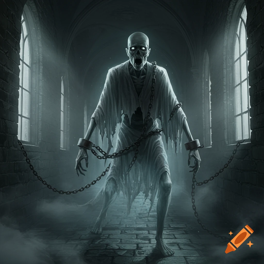A hunched, skeletal ghost with glowing white eyes and a gaping mouth, wrapped in chains and tattered cloth, stands in a misty, dark stone corridor with arched windows.