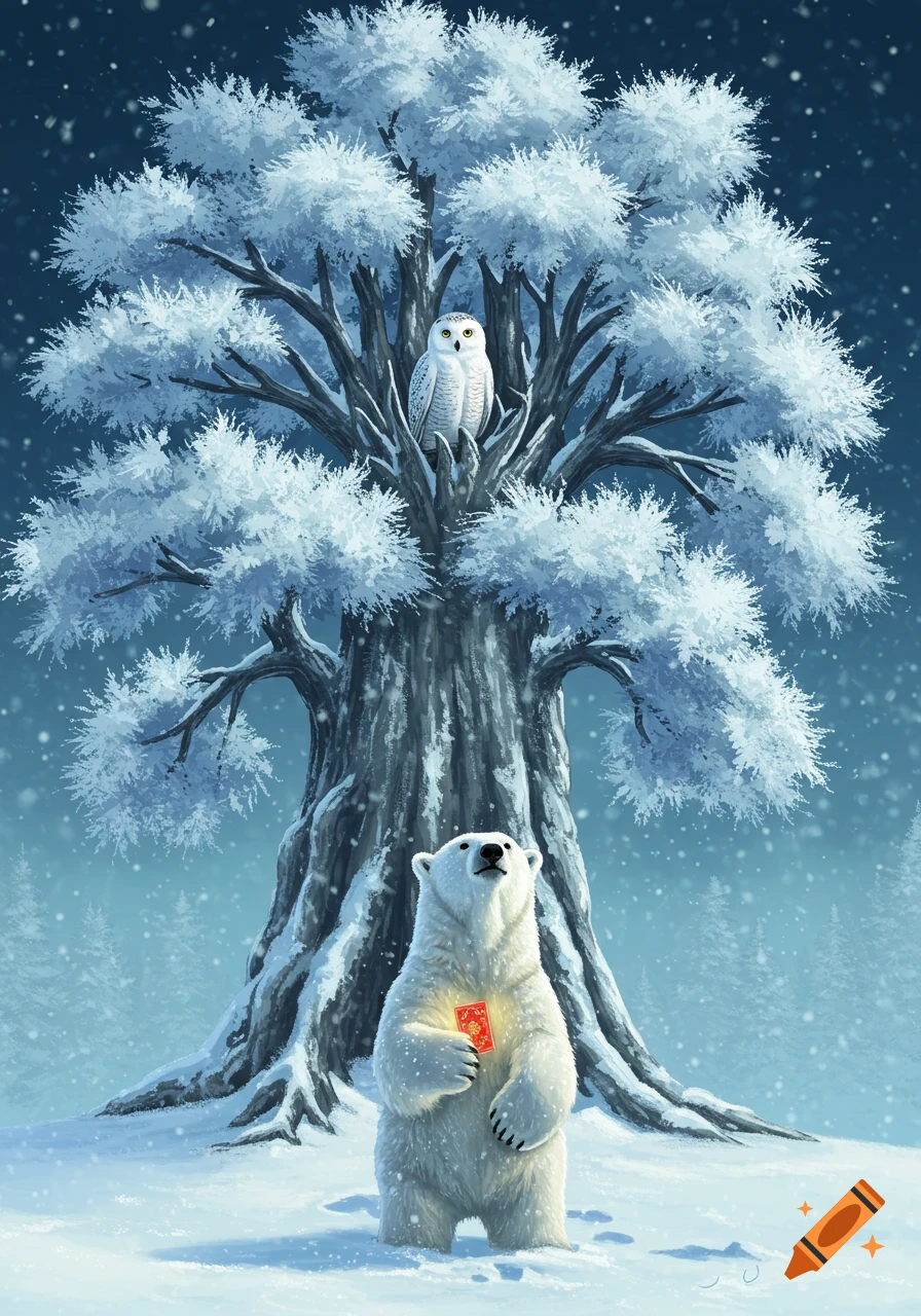 An illustration of a polar bear holding a red card, looking up at a snowy owl perched in a majestic, snow-covered tree in a winter forest.